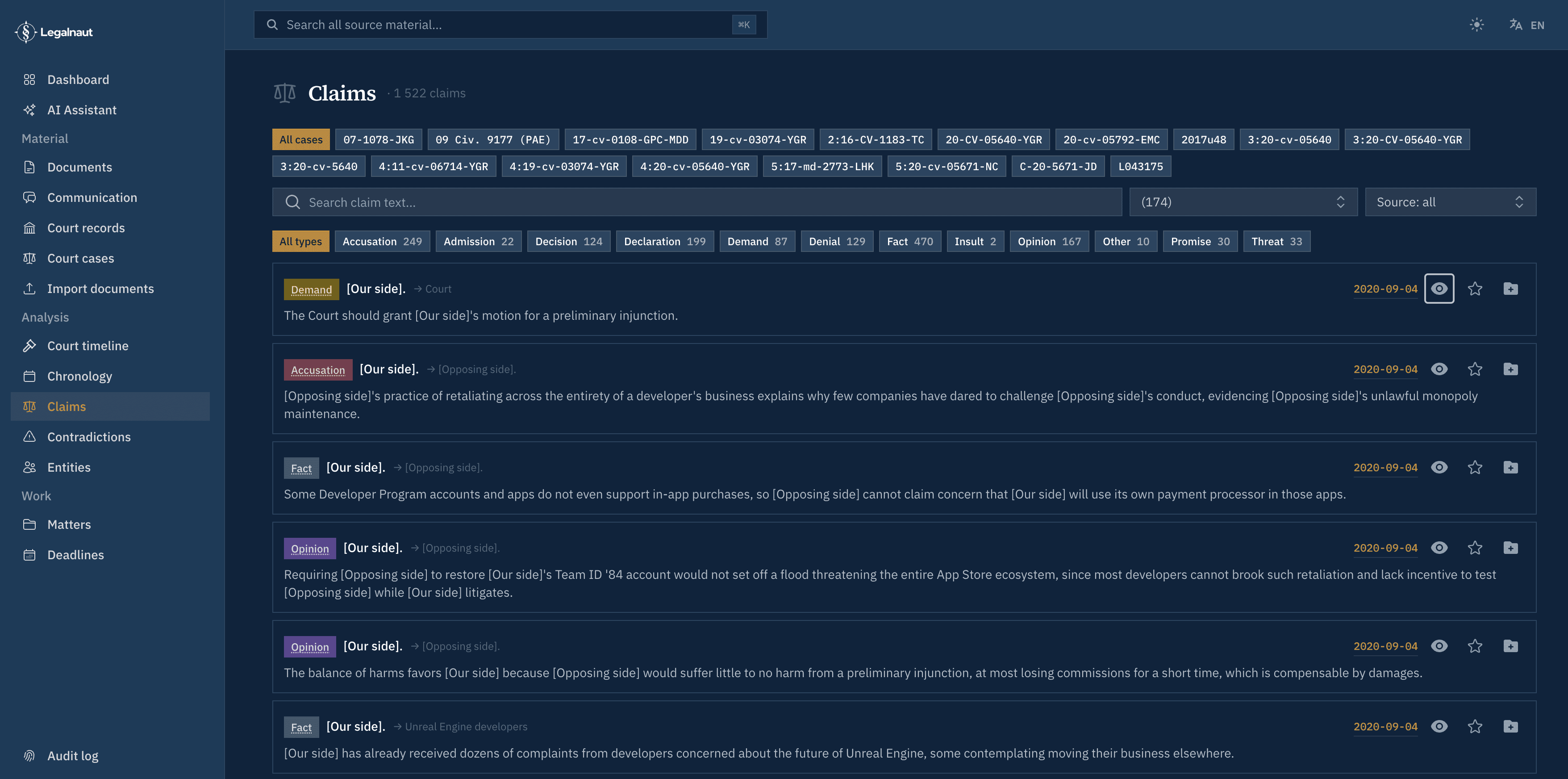 The claims list: who said what, the kind of claim, and the page it sits on.