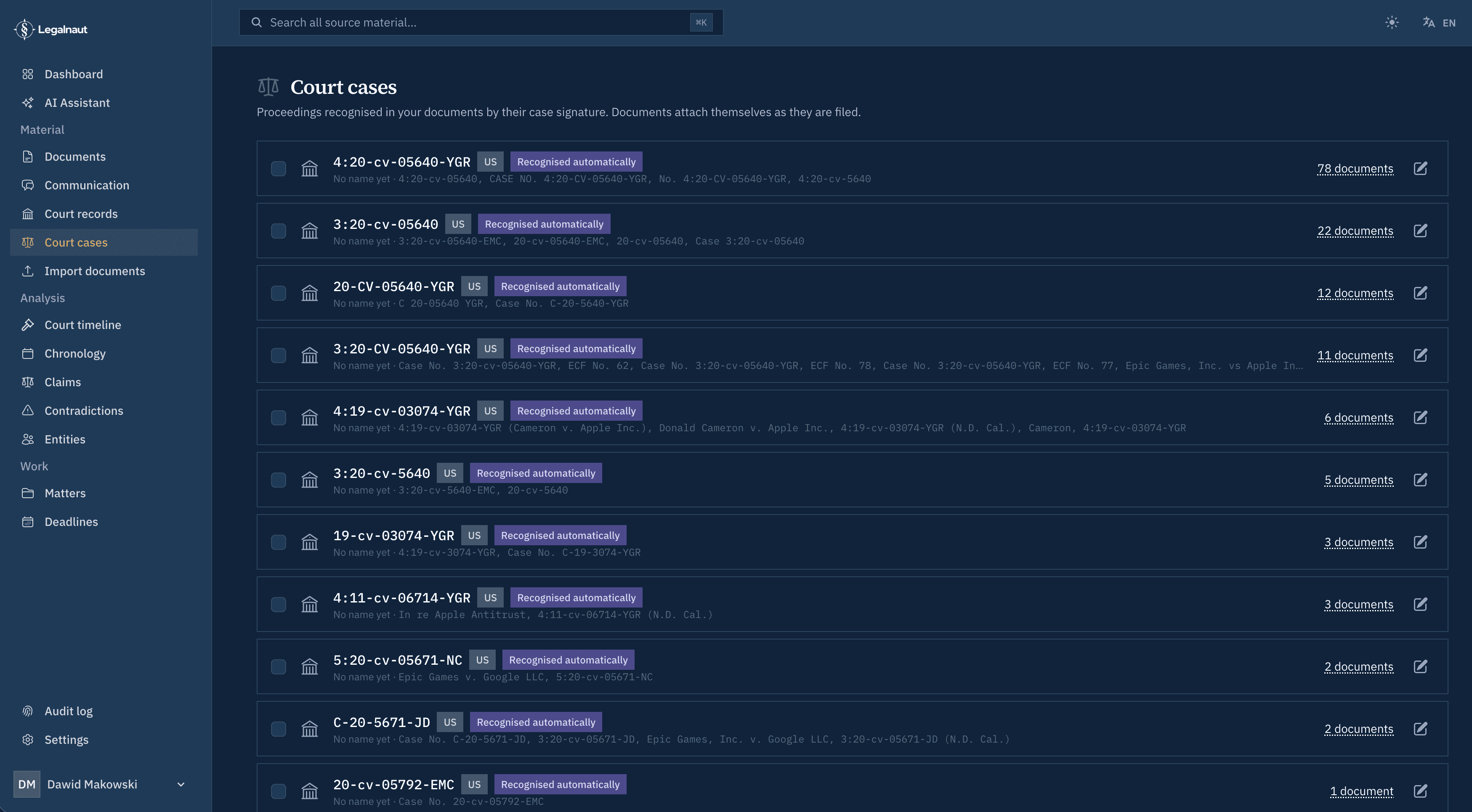 The court cases screen: every docket number the file mentions, with the filings under each.