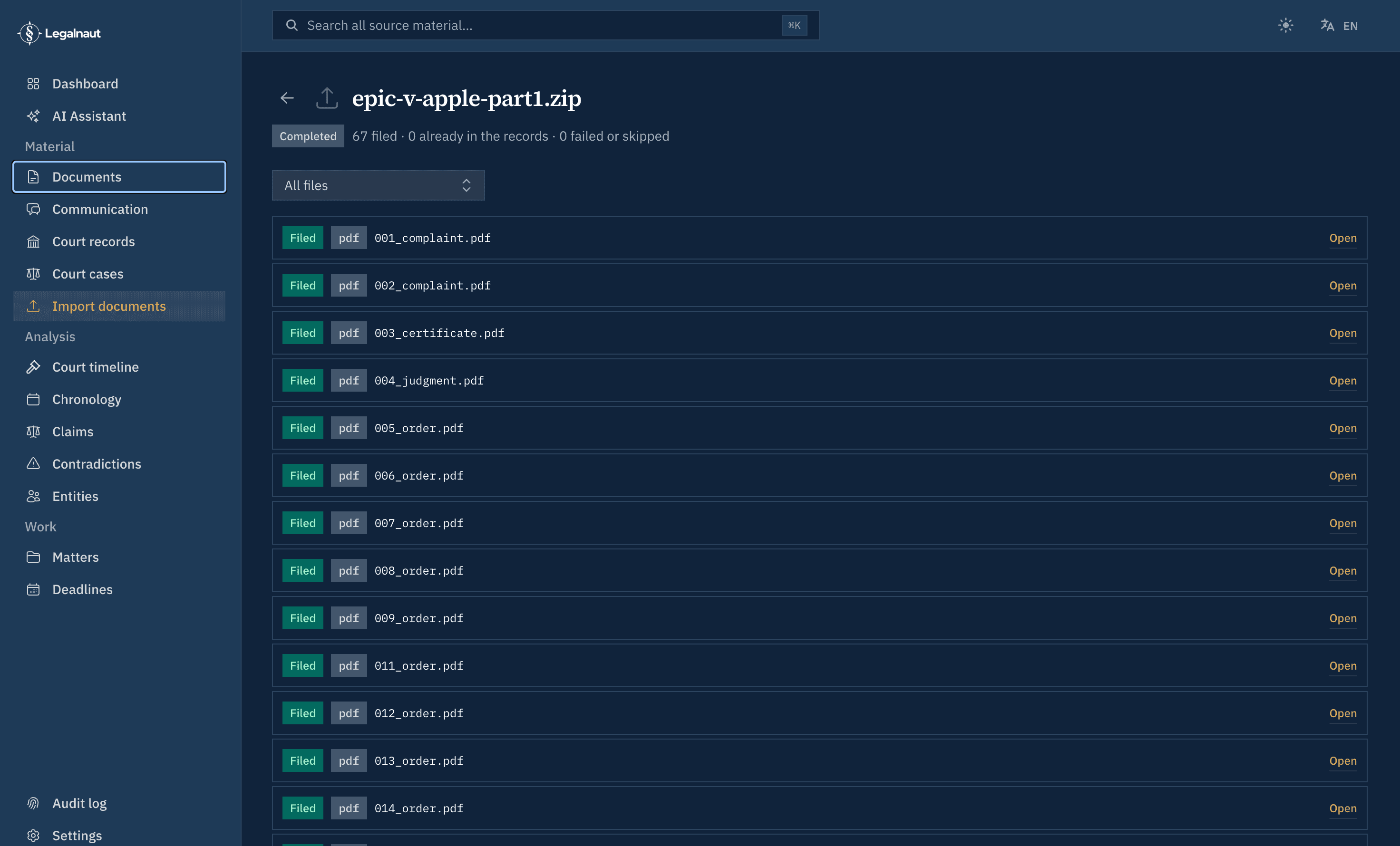 The import log: filed, already in the records, waiting for pages.